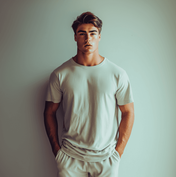 The same male model as before, this time wearing a fitted t-shirt, highlighting a lean build
without much muscle definition.