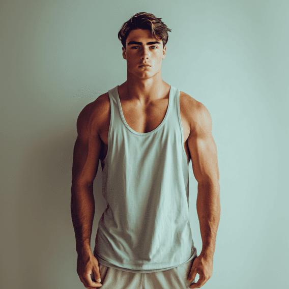 The same male model as before, now in a sleeveless shirt, showing off well-defined and larger
muscles after a successful bulking phase.