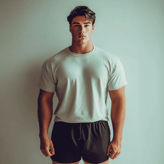 A male model displaying a more muscular physique after bulking, wearing a fitted t-shirt that
accentuates increased muscle size.