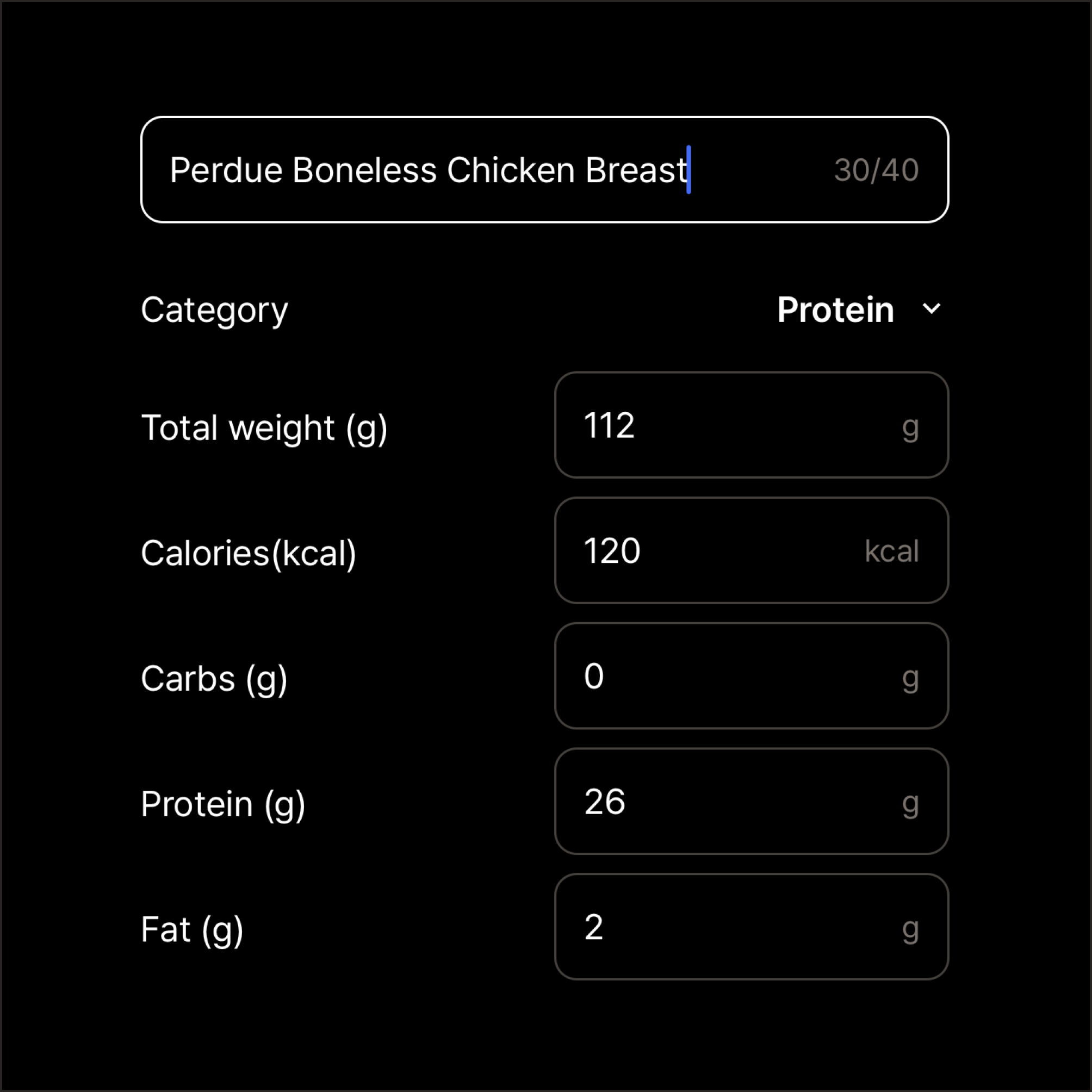 Custom food entry feature in the Nutrition Tracker app allowing users to add unique recipes and dishes.