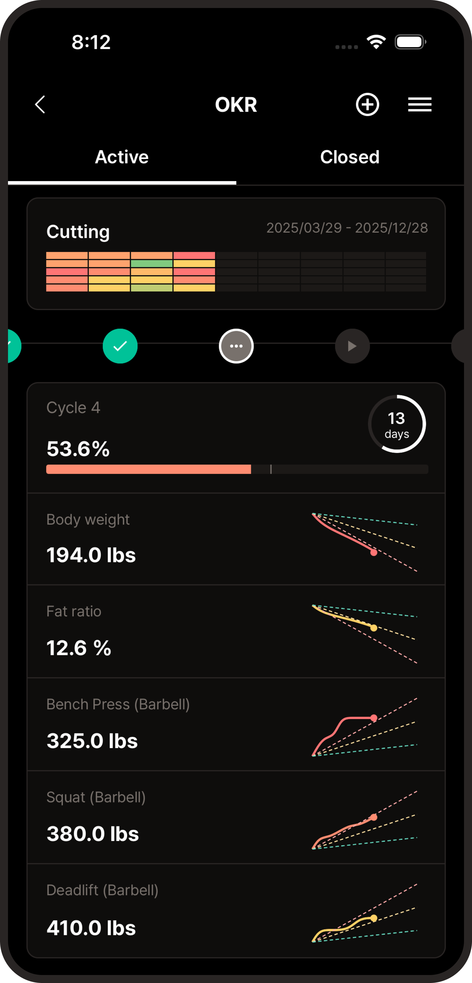 Screenshot of the OKRs Tracker app showing tools for setting and tracking fitness goals using the OKR framework.