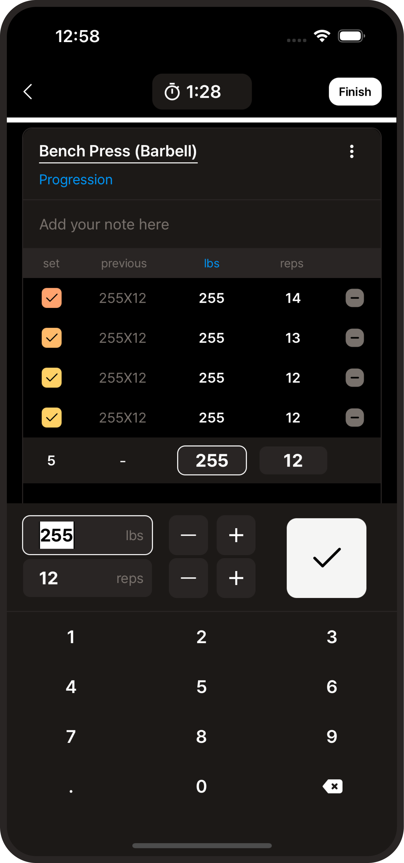 Screenshot of the workout tracker app showing an intuitive touchpad for recording sets and reps.