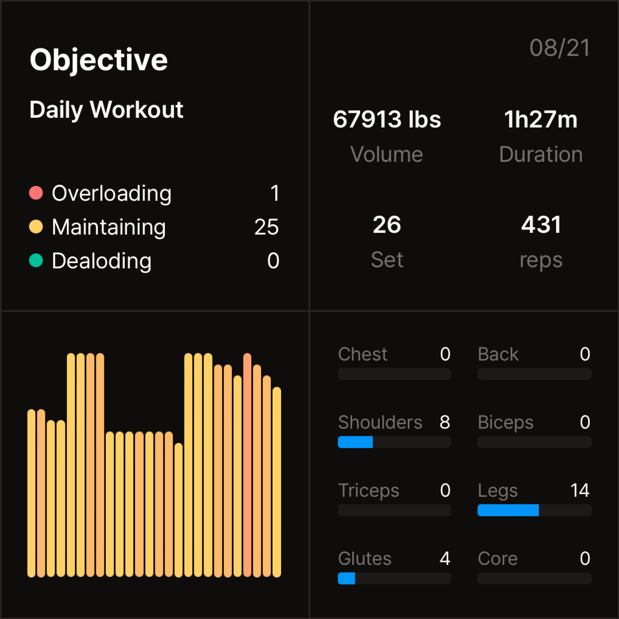 Daily performance summary screen in the workout tracker app, displaying workout volume, duration, sets, reps, and bar charts with colored status indicators.