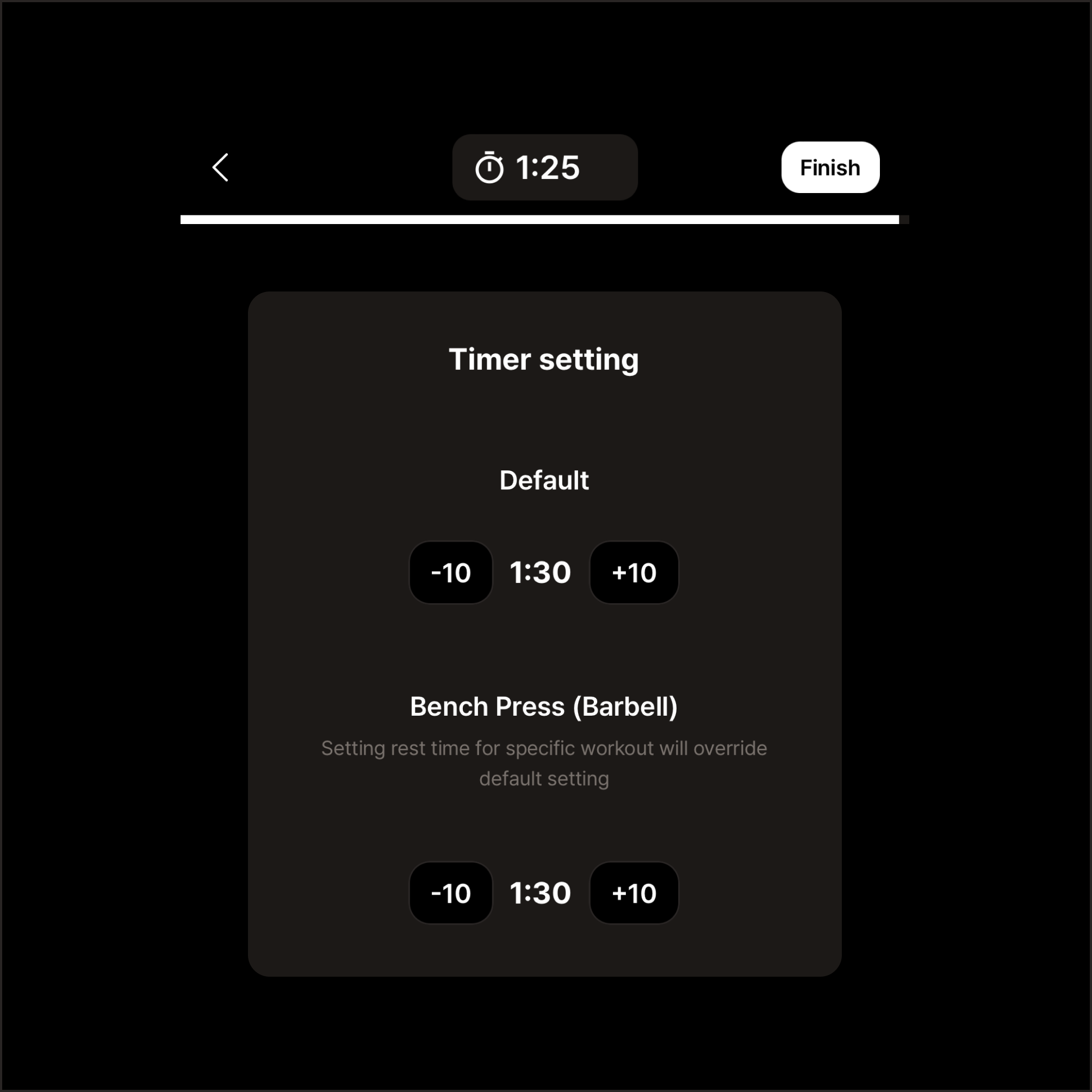 Customizable rest timer feature in the workout tracker app for tailored workout recovery times.